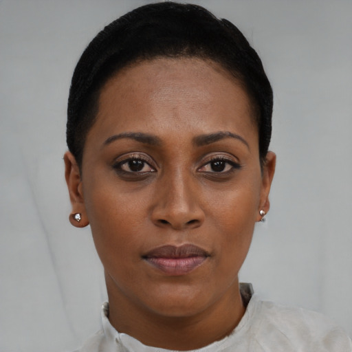 Joyful black young-adult female with short  brown hair and brown eyes