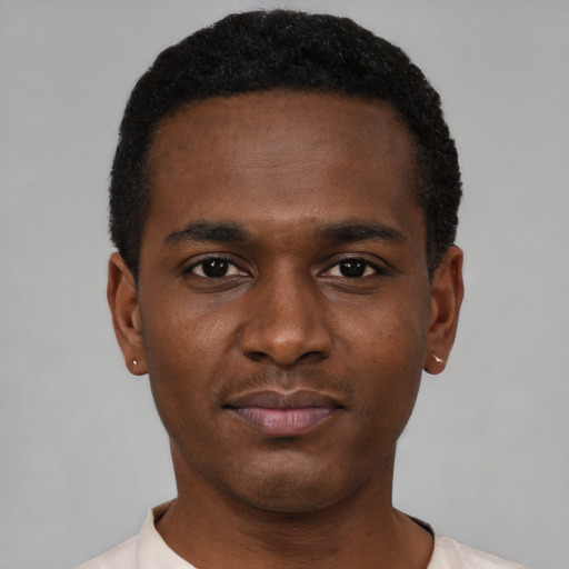 Neutral black young-adult male with short  black hair and brown eyes