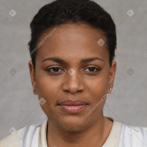 Joyful black young-adult female with short  brown hair and brown eyes