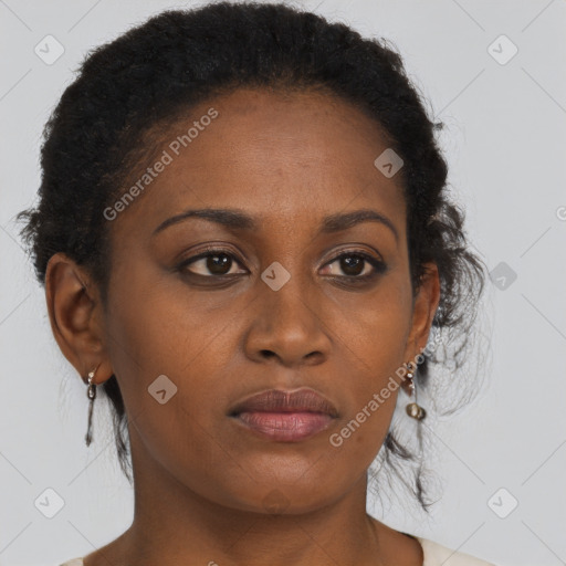 Neutral black young-adult female with long  brown hair and brown eyes