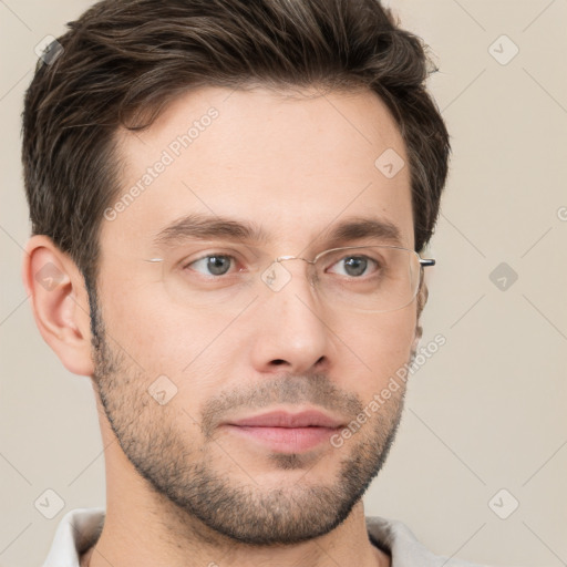 Neutral white young-adult male with short  brown hair and brown eyes