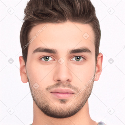 Neutral white young-adult male with short  brown hair and brown eyes