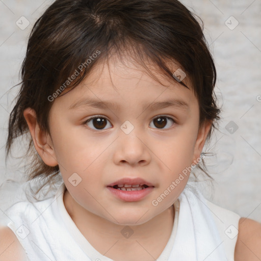 Joyful white child female with medium  brown hair and brown eyes