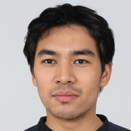 Neutral asian young-adult male with short  black hair and brown eyes