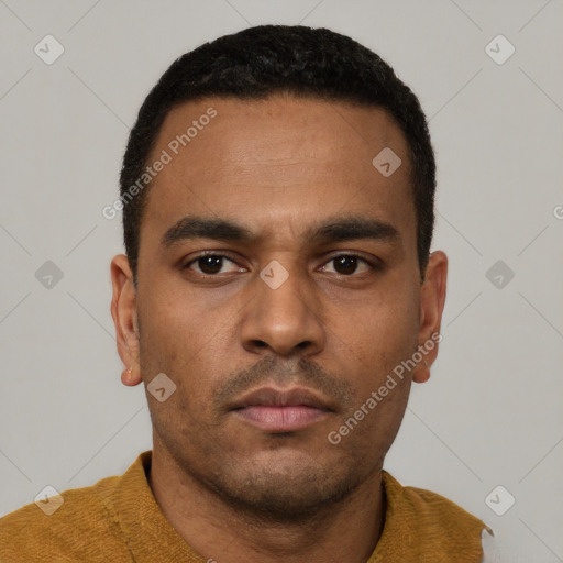 Neutral latino young-adult male with short  black hair and brown eyes