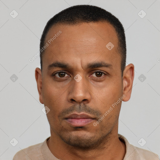 Neutral latino adult male with short  black hair and brown eyes