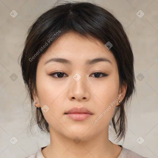 Neutral asian young-adult female with medium  brown hair and brown eyes