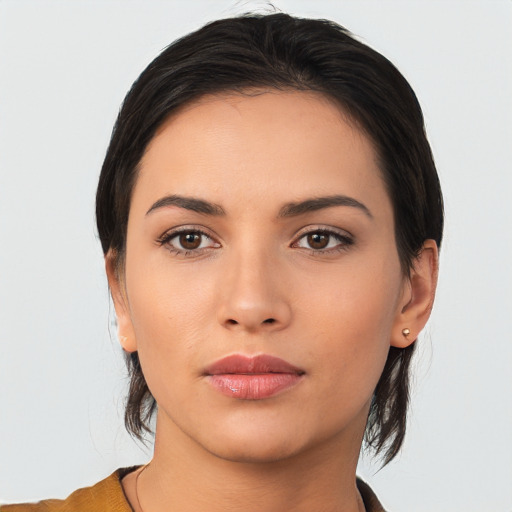 Neutral asian young-adult female with medium  black hair and brown eyes