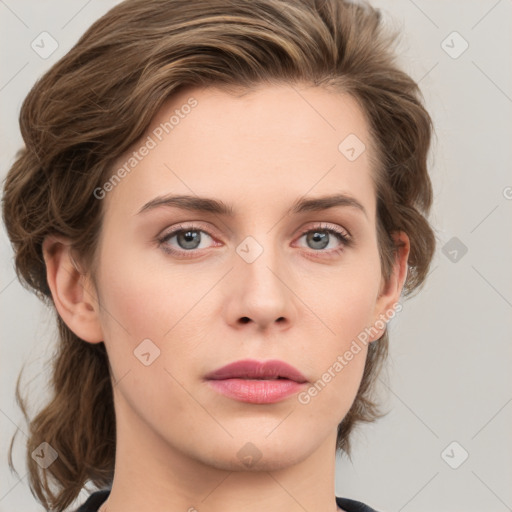 Neutral white young-adult female with medium  brown hair and grey eyes