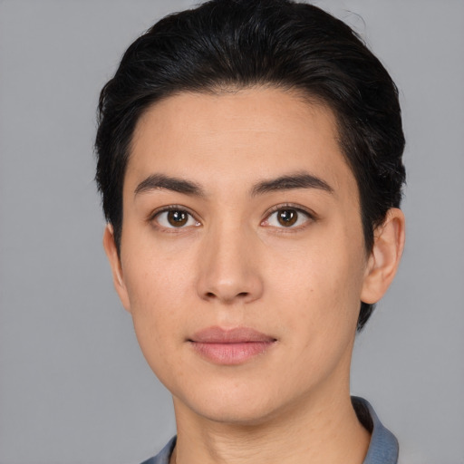 Neutral white young-adult female with short  black hair and brown eyes