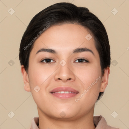 Joyful white young-adult female with short  brown hair and brown eyes