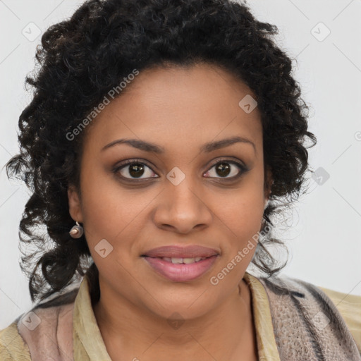 Joyful black young-adult female with long  brown hair and brown eyes