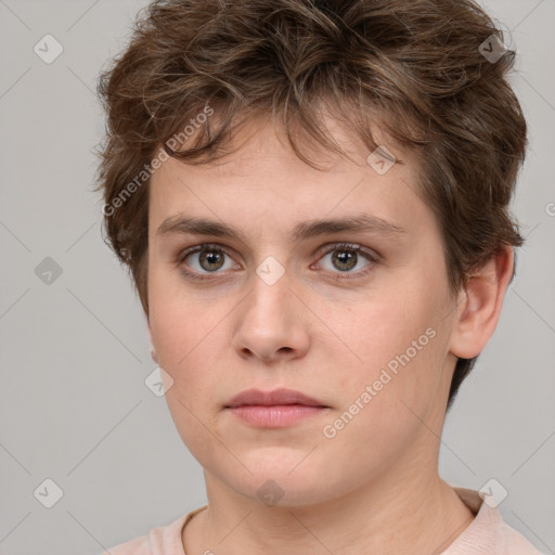 Neutral white young-adult female with short  brown hair and grey eyes