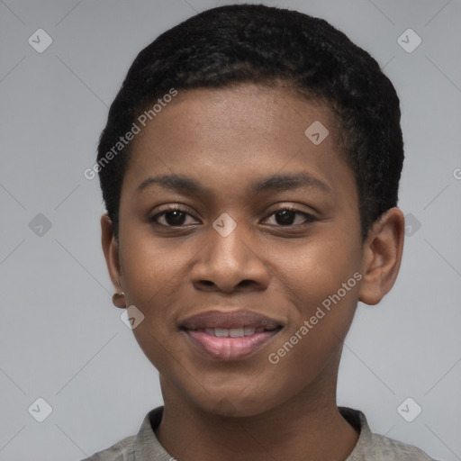 Joyful black young-adult female with short  black hair and brown eyes