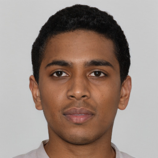 Neutral black young-adult male with short  black hair and brown eyes