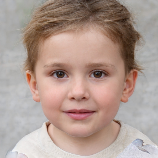 Joyful white child female with short  brown hair and brown eyes