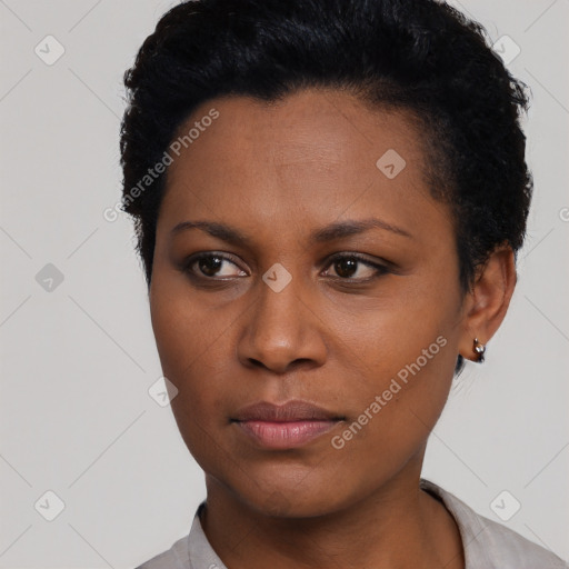 Neutral black young-adult female with short  black hair and brown eyes