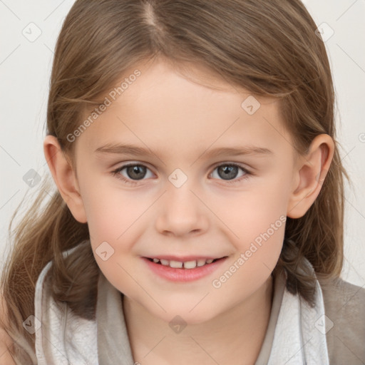 Joyful white child female with medium  brown hair and brown eyes