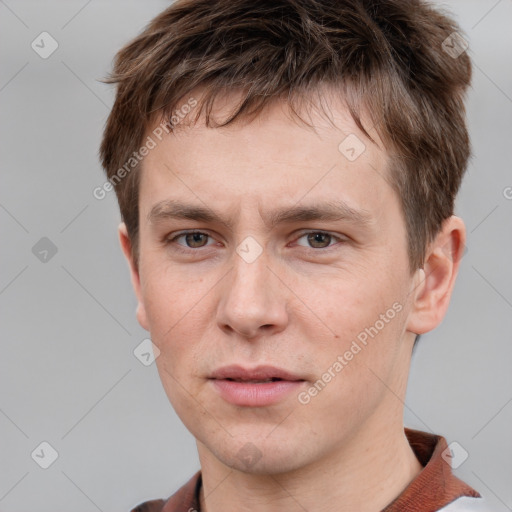 Neutral white young-adult male with short  brown hair and grey eyes