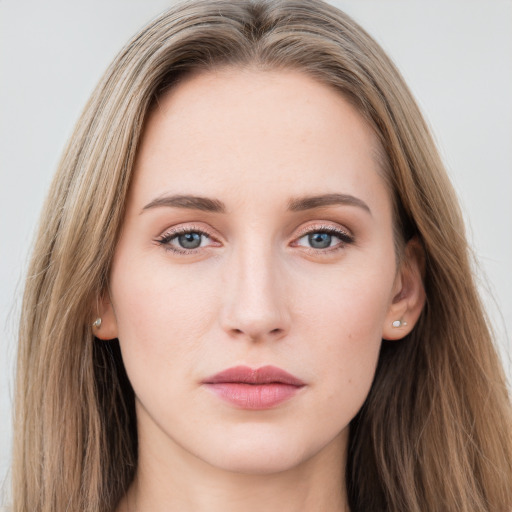 Neutral white young-adult female with long  brown hair and grey eyes