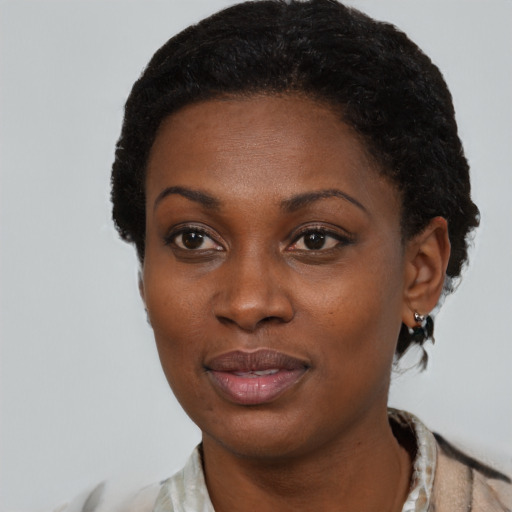 Neutral black young-adult female with short  black hair and brown eyes