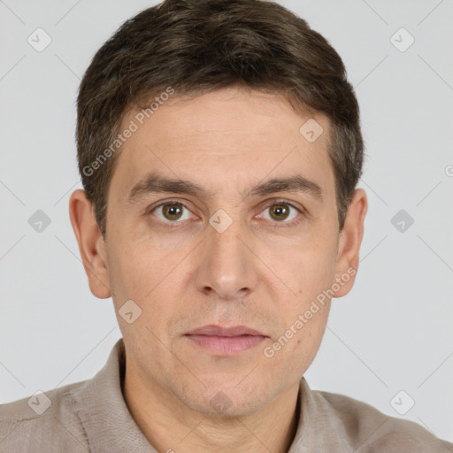 Neutral white adult male with short  brown hair and brown eyes