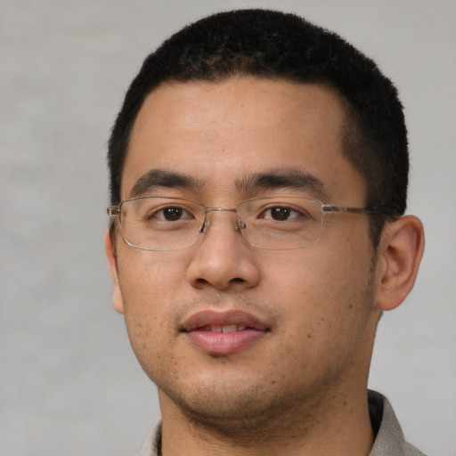 Neutral asian young-adult male with short  black hair and brown eyes