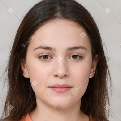 Neutral white young-adult female with long  brown hair and brown eyes