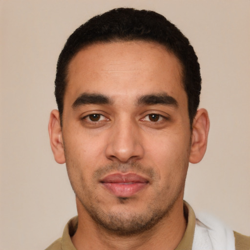 Neutral white young-adult male with short  black hair and brown eyes