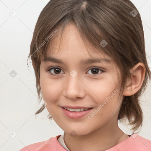 Joyful white child female with medium  brown hair and brown eyes