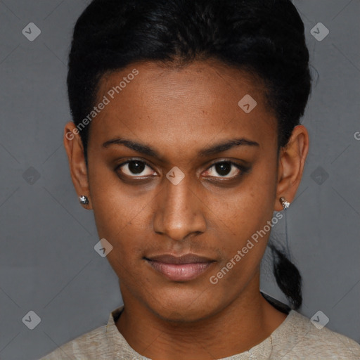 Neutral black young-adult female with short  black hair and brown eyes