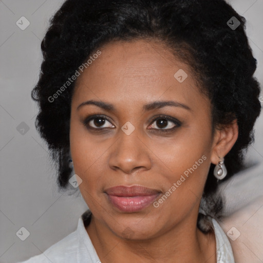 Joyful black young-adult female with medium  black hair and brown eyes