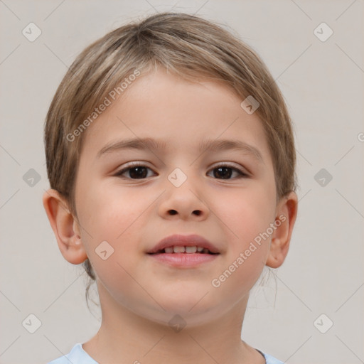 Joyful white child male with short  brown hair and brown eyes