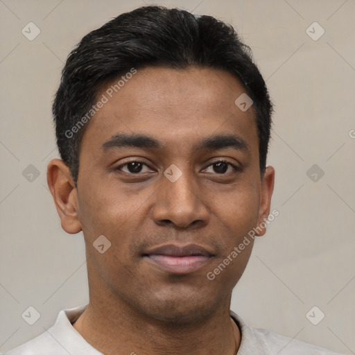 Joyful latino young-adult male with short  brown hair and brown eyes