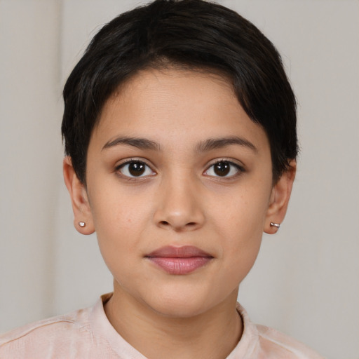 Joyful latino young-adult female with short  brown hair and brown eyes