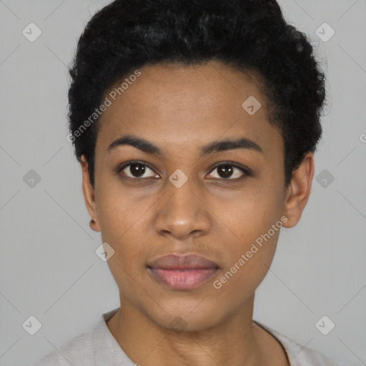 Neutral black young-adult female with short  black hair and brown eyes