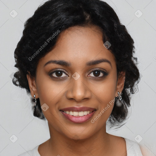 Joyful latino young-adult female with medium  black hair and brown eyes