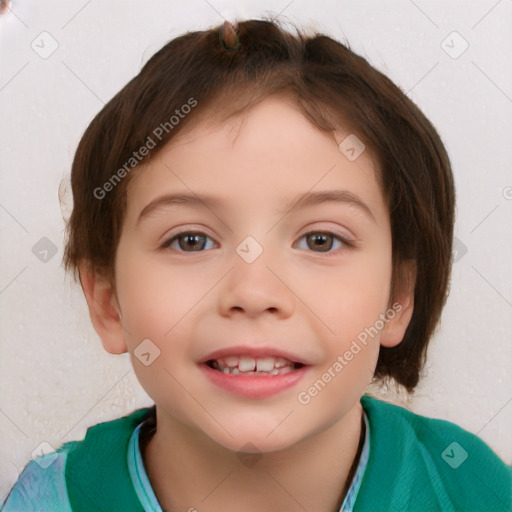 Joyful white child female with short  brown hair and brown eyes