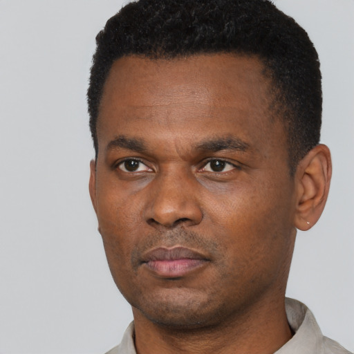 Neutral black adult male with short  black hair and brown eyes