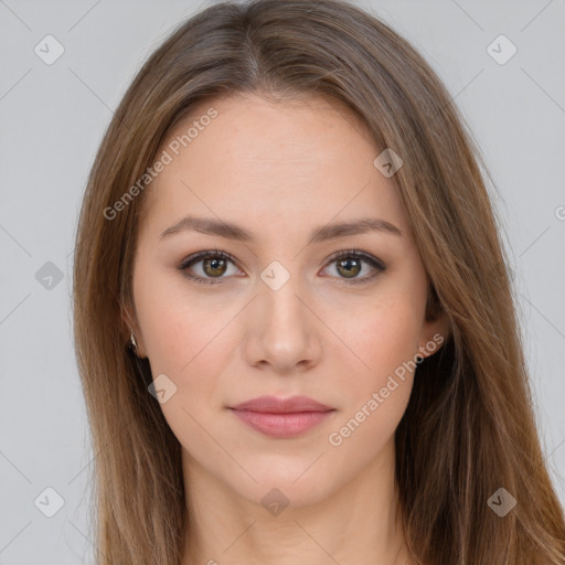 Neutral white young-adult female with long  brown hair and brown eyes