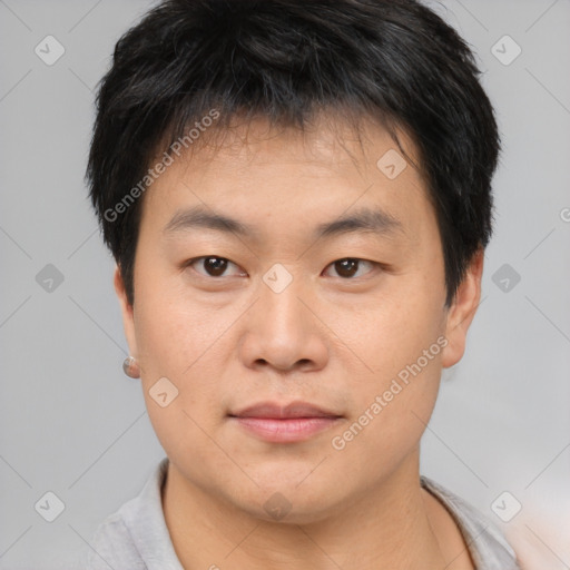 Neutral asian young-adult male with short  brown hair and brown eyes