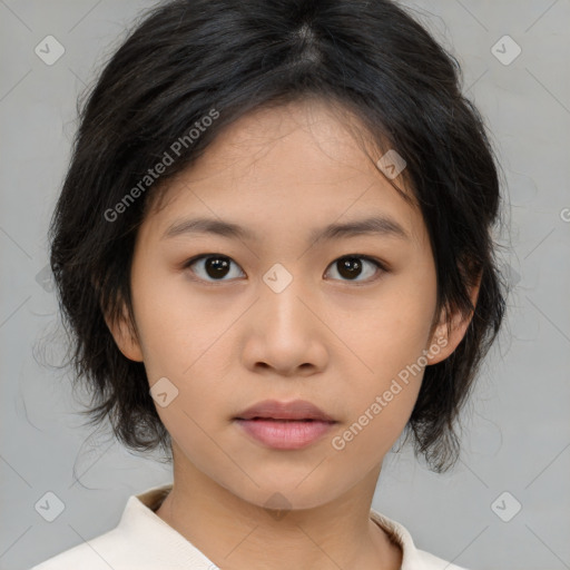 Neutral asian young-adult female with medium  brown hair and brown eyes