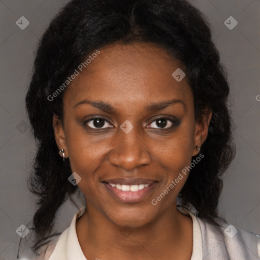 Joyful black young-adult female with medium  black hair and brown eyes