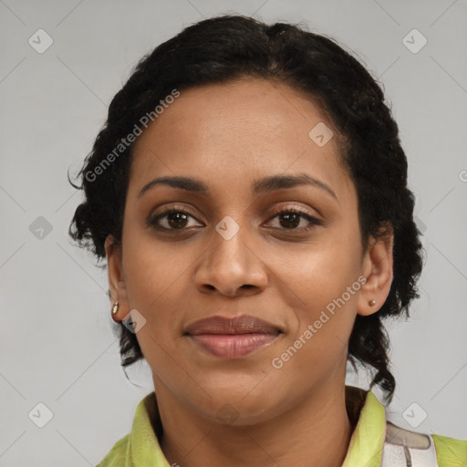 Joyful latino young-adult female with medium  black hair and brown eyes