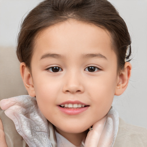 Joyful white child female with medium  brown hair and brown eyes