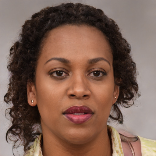 Joyful black adult female with medium  brown hair and brown eyes