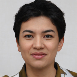 Joyful asian young-adult female with short  black hair and brown eyes