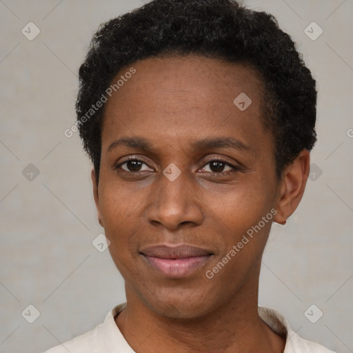 Joyful black young-adult female with short  brown hair and brown eyes