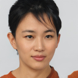 Neutral asian young-adult female with short  brown hair and brown eyes