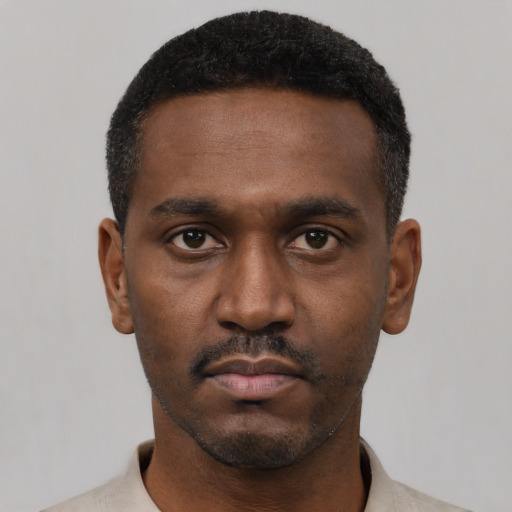 Neutral black young-adult male with short  black hair and brown eyes